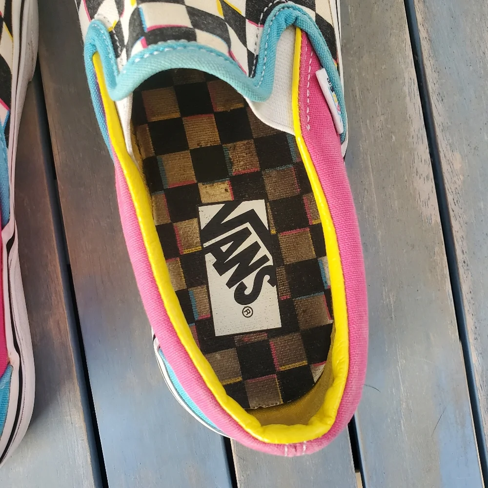 VANS Checkerboard Slip-On Black White Pink Blue Yellow Women's Size 6 - Picture 8 of 10